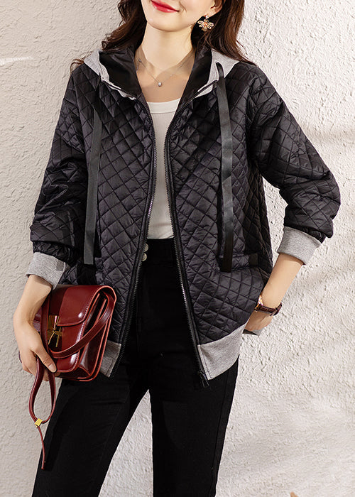 Black Hooded Zippered Patchwork Cotton Coat Winter