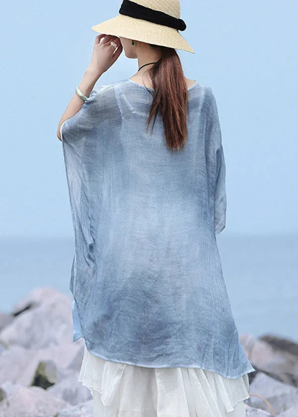 Blue O-neck Asymmetrical Design Linen Tops Batwing Sleeve