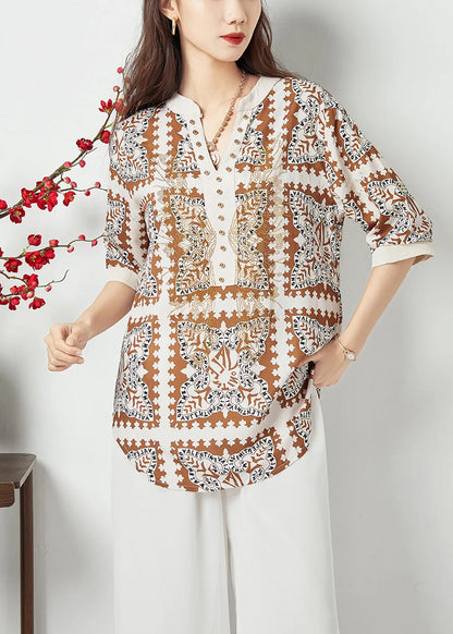 Black V Neck Print Draping Chiffon Blouses Summer