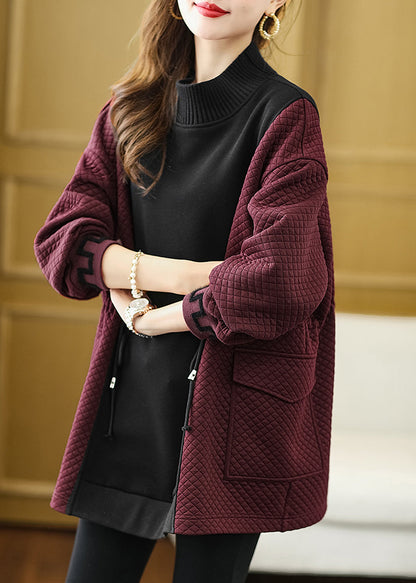Mulberry Drawstring Patchwork Warm Fleece Sweatshirts Top Winter