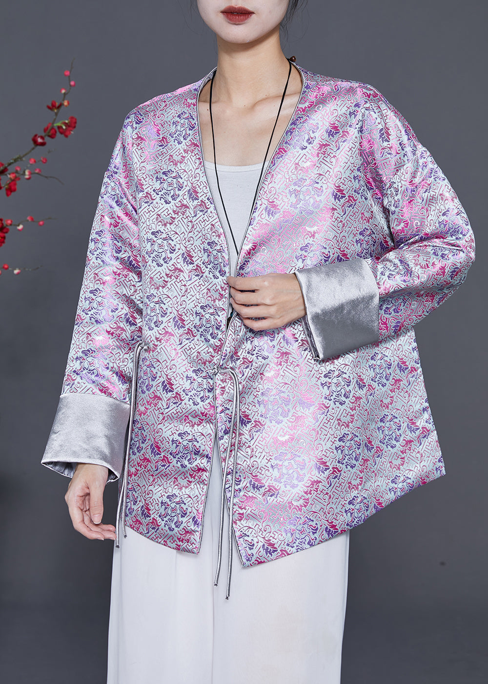Light Purple Tasseled Print Silk Coats Spring