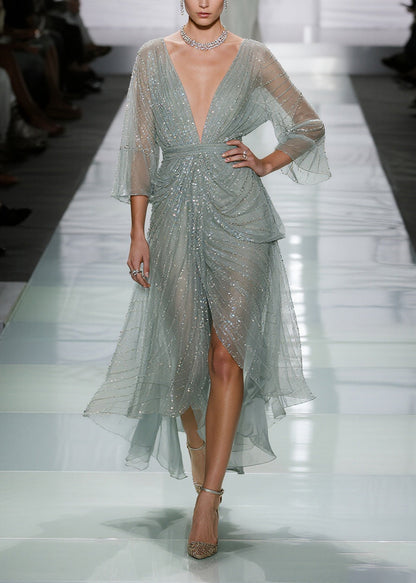 Green Sequins Side Open Tulle Long Dress Summer
