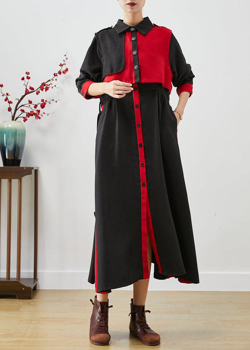 Red Patchwork Cotton Dress and Vest Two Pieces Set Tie Waist Fall