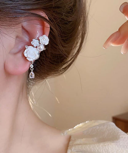 White Copper Zircon Pearl Camellia Flower Drop Earrings