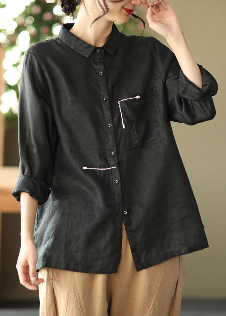 Black Peter Pan Collar Patchwork Linen Blouses Spring