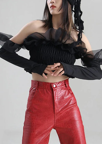 Diy Black Ruffled Tulle Wrinkled Cotton Top Long Sleeve