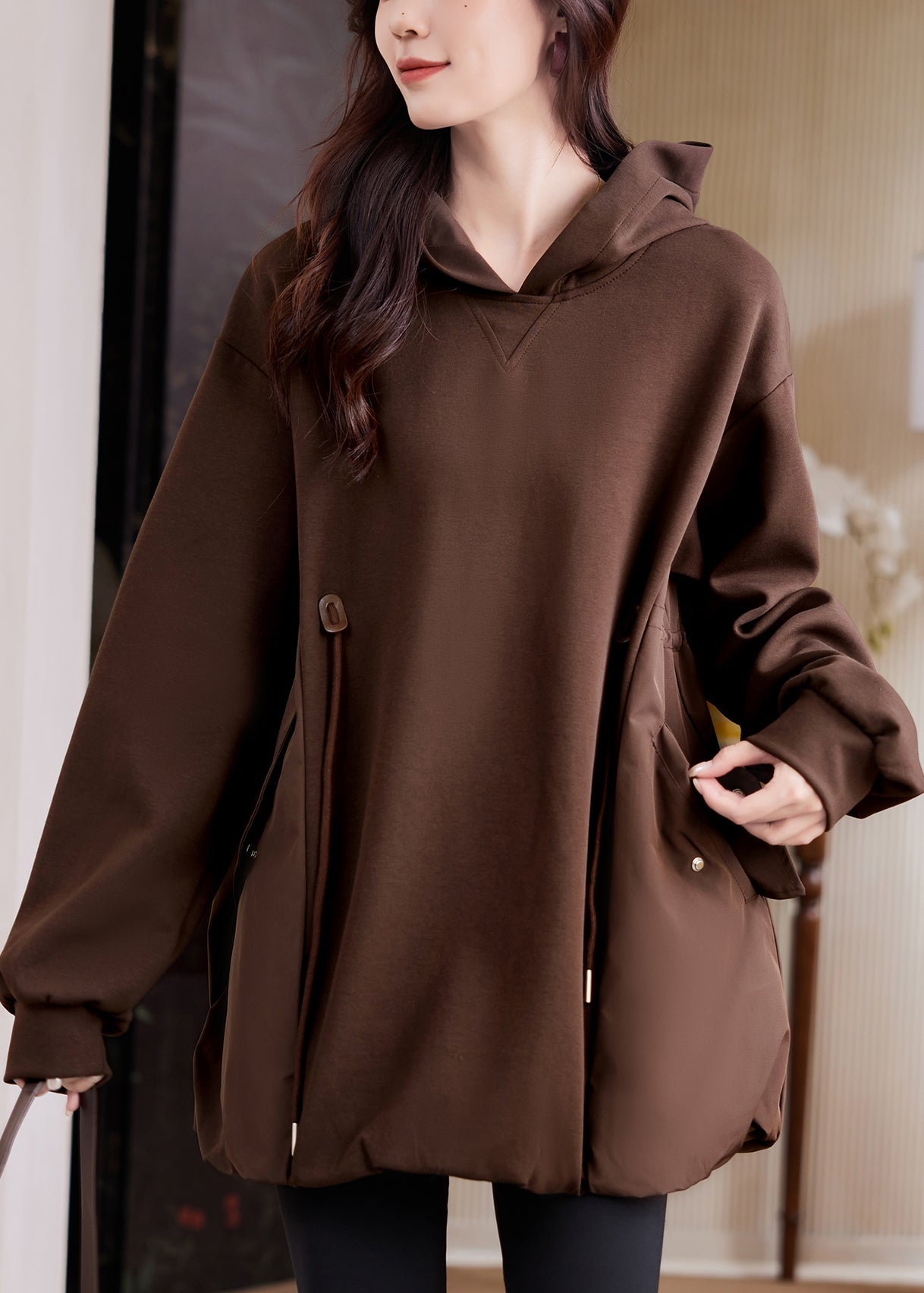Coffee Hooded Pockets Drawstring Cotton Sweatshirt Fall