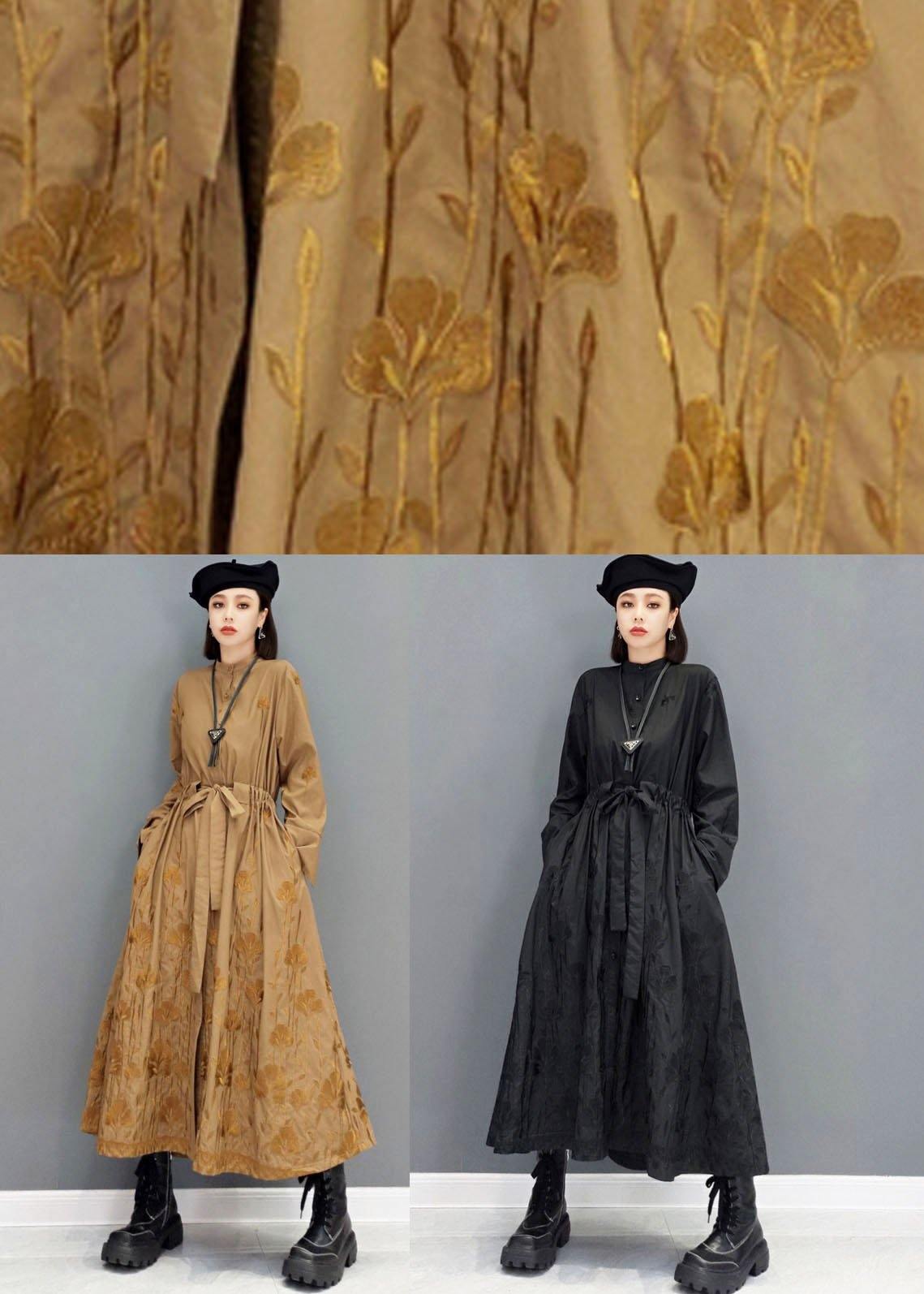 Black O-neck Button Maxi Dresses Fall Long Sleeve
