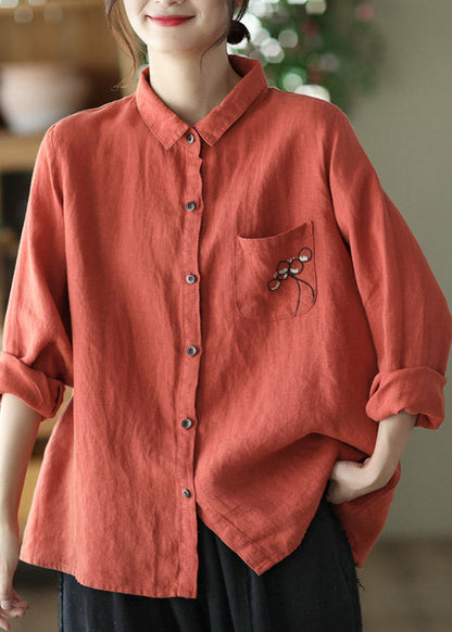 Red Peter Pan Collar Embroideried Button Linen Shirt Long Sleeve