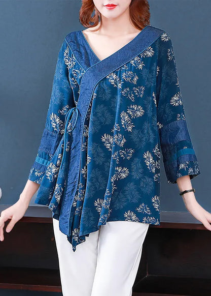 Blue V Neck Asymmetrical Print Cotton Shirt Top Bracelet Sleeve