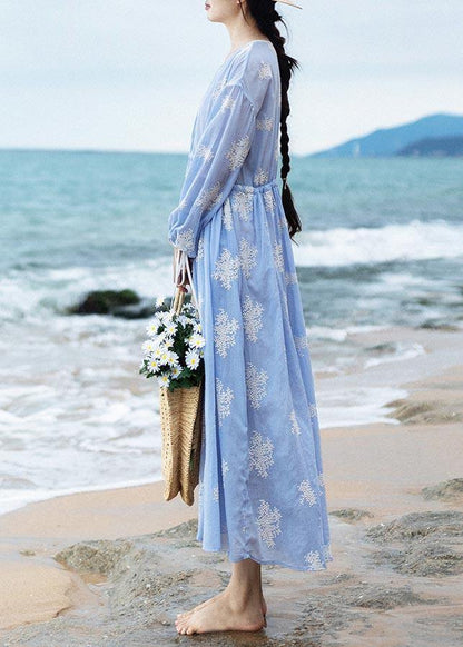 Boutique Blue Embroideried Tie Waist Long Summer Cotton Dress