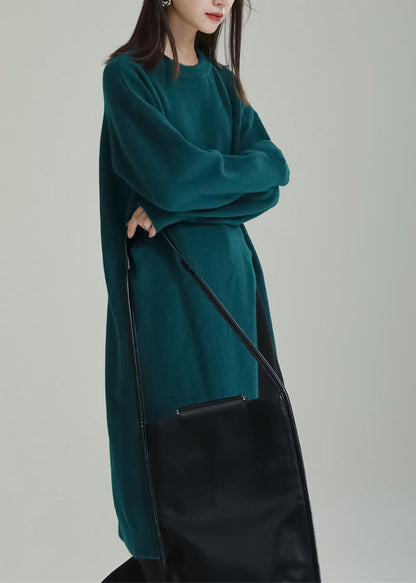 Green Patchwork Knit Dresses O Neck Side Open Winter