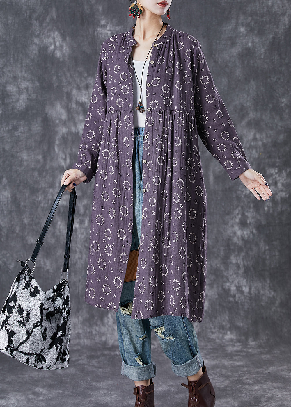 Purple Print Button Down Cotton Dresses Fall