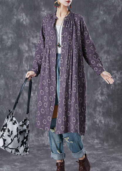 Purple Print Button Down Cotton Dresses Fall