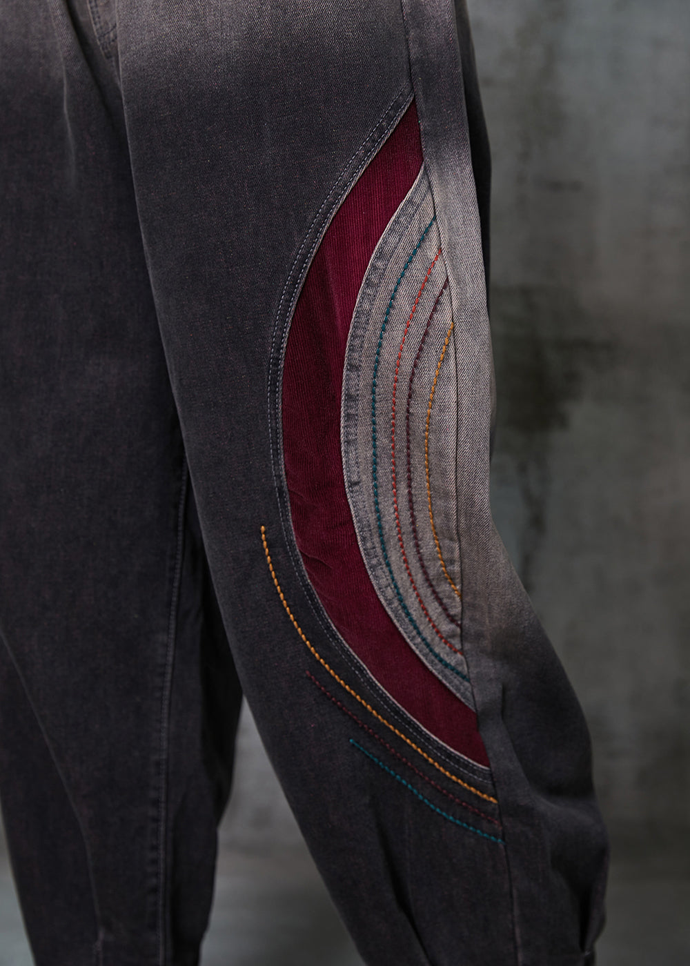 Gradient Color Embroidered Patchwork Denim Pants Spring