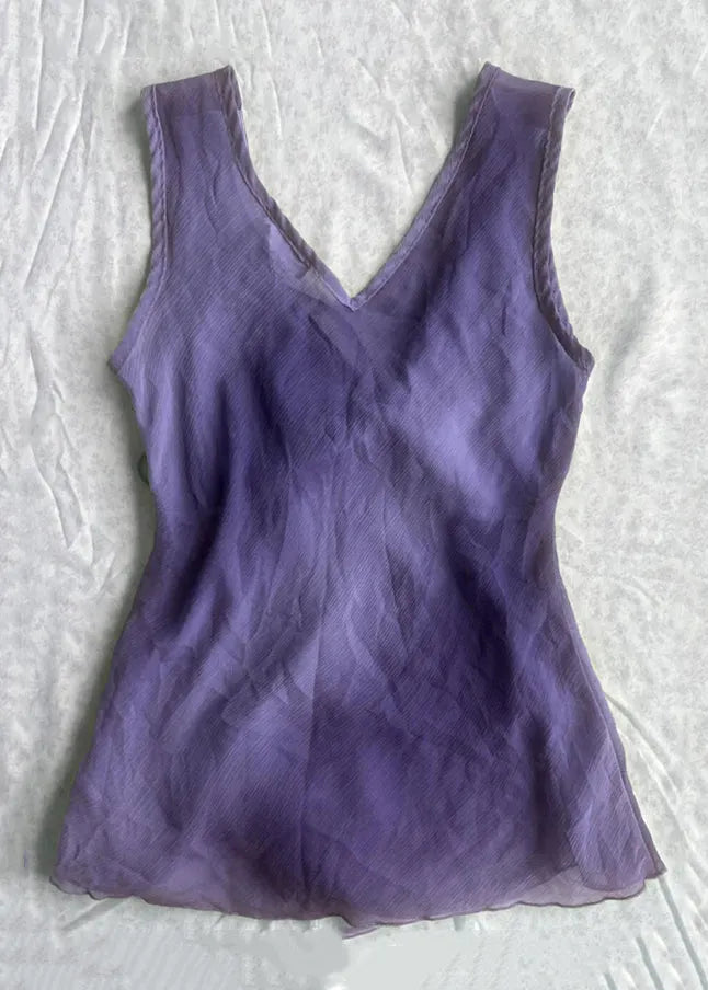 Simple Purple V Neck Lace Up Cotton Tank Sleeveless
