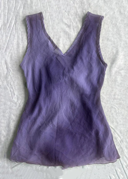 Simple Purple V Neck Lace Up Cotton Tank Sleeveless