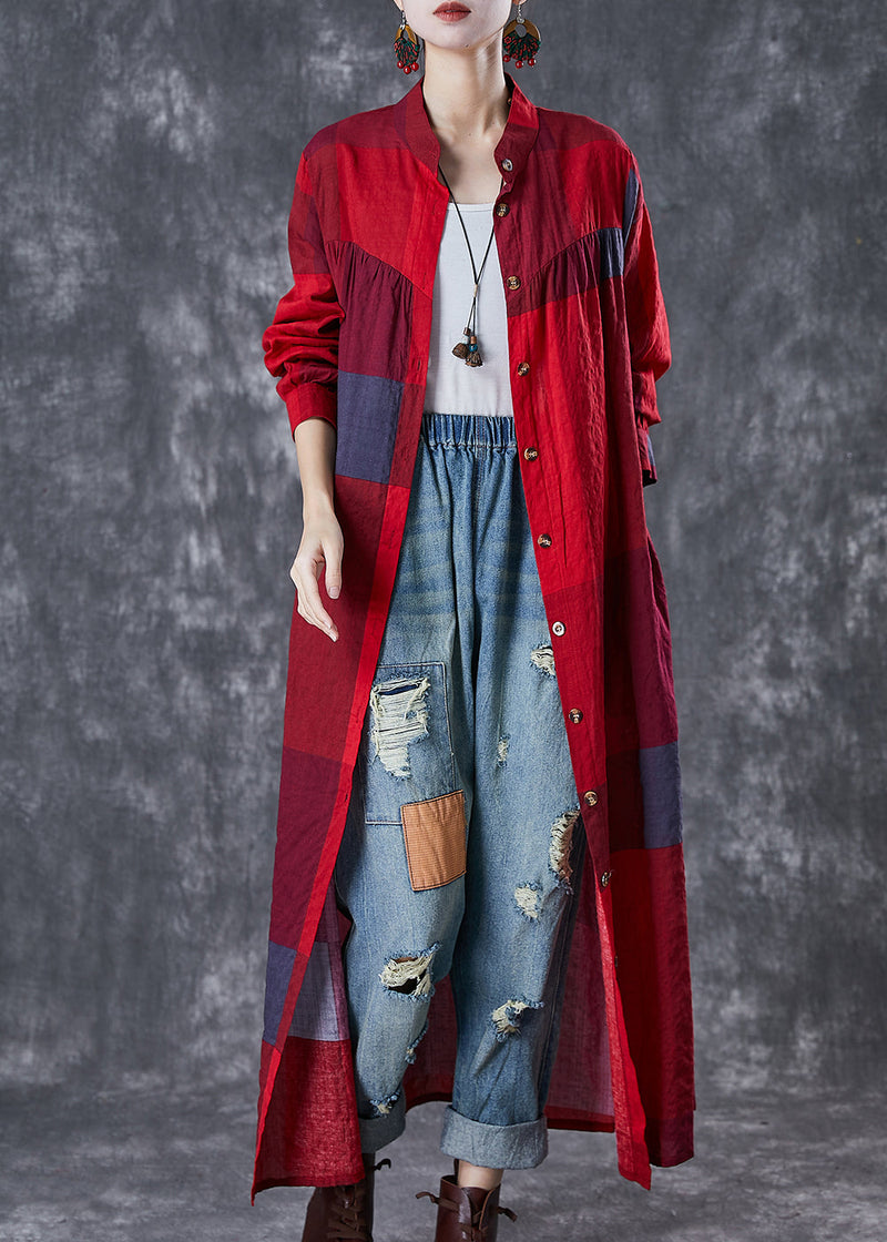Red Stand Collar Print Linen Long Dresses Fall