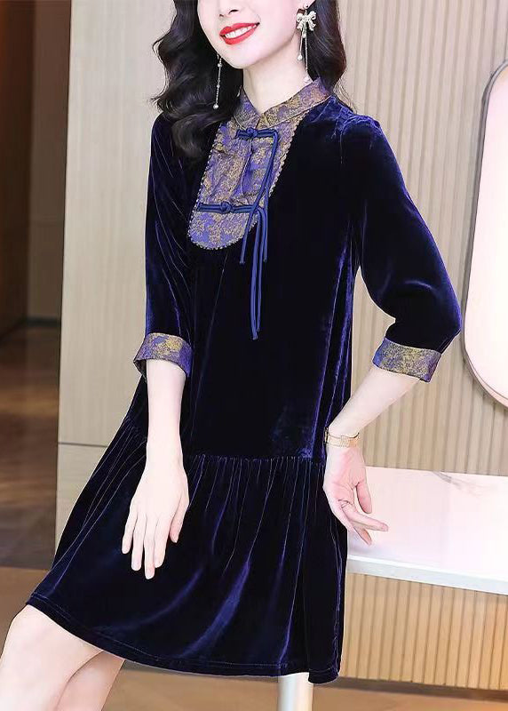 Purple Stand Collar Tasseled Patchwork Velour Mid Dress Fall