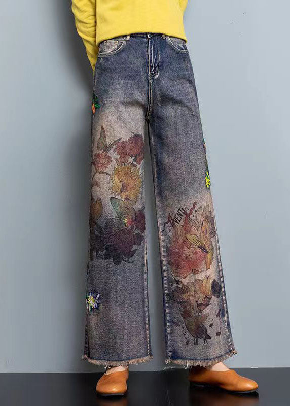 Diy Blue High Waist Embroideried Pockets Print Cotton Denim Straight Pants Fall