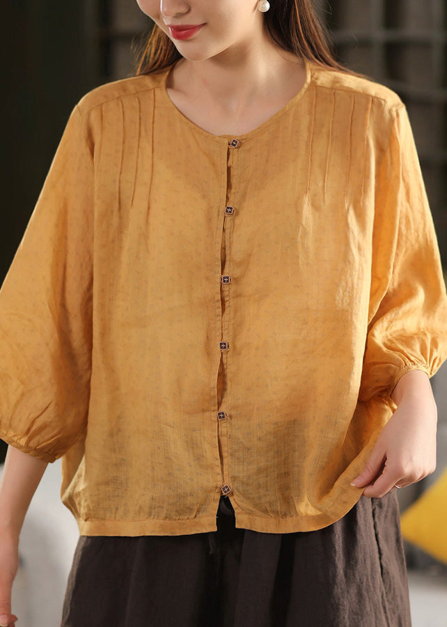 Yellow O Neck Button Linen Top Summer