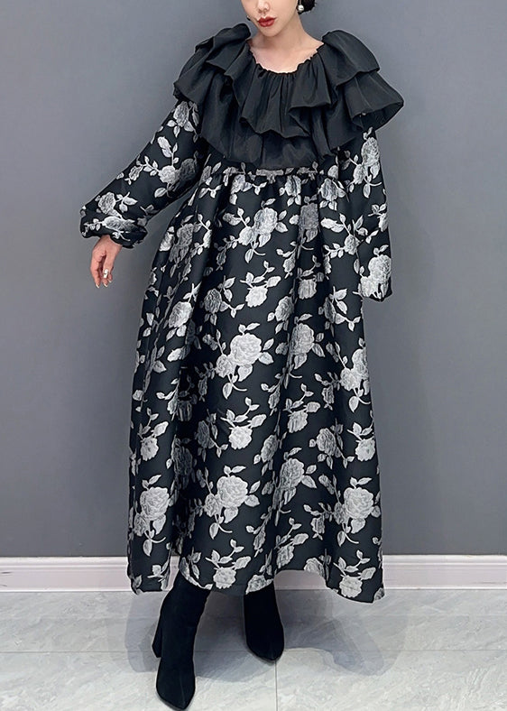 Black Ruffled Print Patchwork Cotton Long Dress Fall
