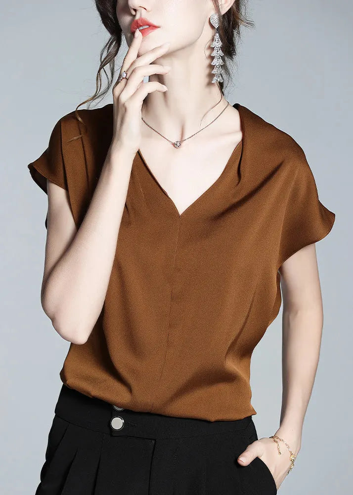 Boutique Coffee V Neck Silk Shirt Short Sleeve