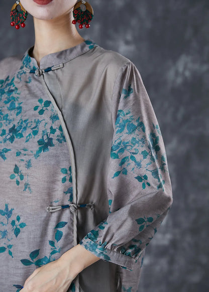 Grey Chinese Style Patchwork Print Linen Blouse Top Fall