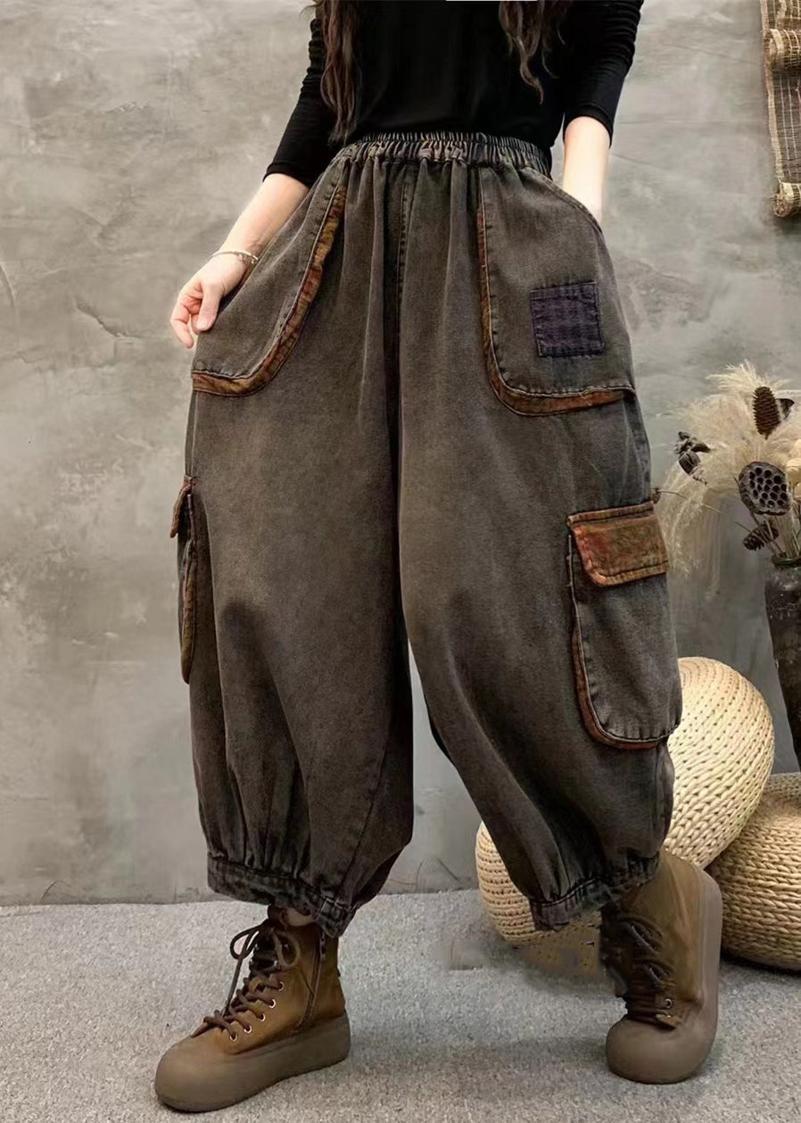 Black Pockets Elastic Waist Patchwork Denim Harem Pants Spring