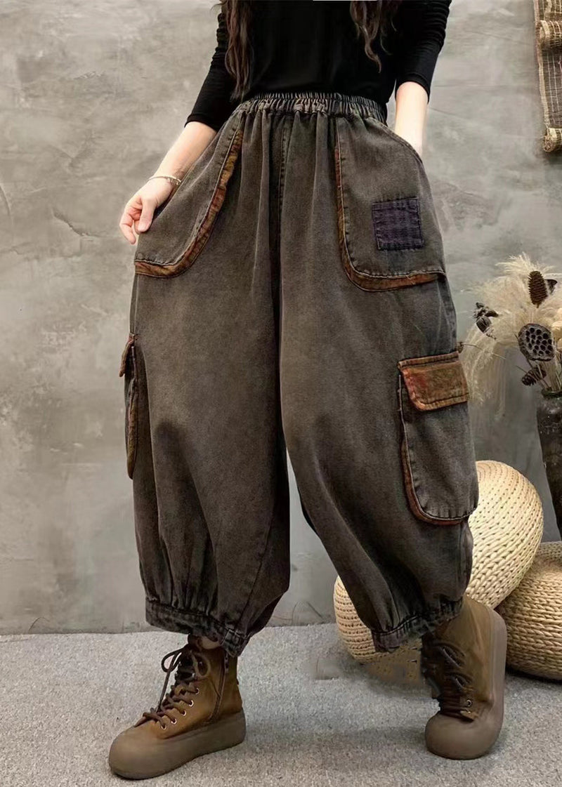 Black Pockets Elastic Waist Patchwork Denim Harem Pants Spring