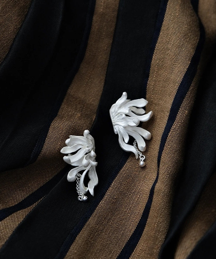 Diy Light Grey Sterling Silver Petal Tassel Stud Earrings