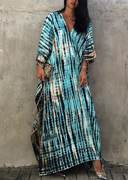 Green V Neck Striped Print Beach Dress Summer
