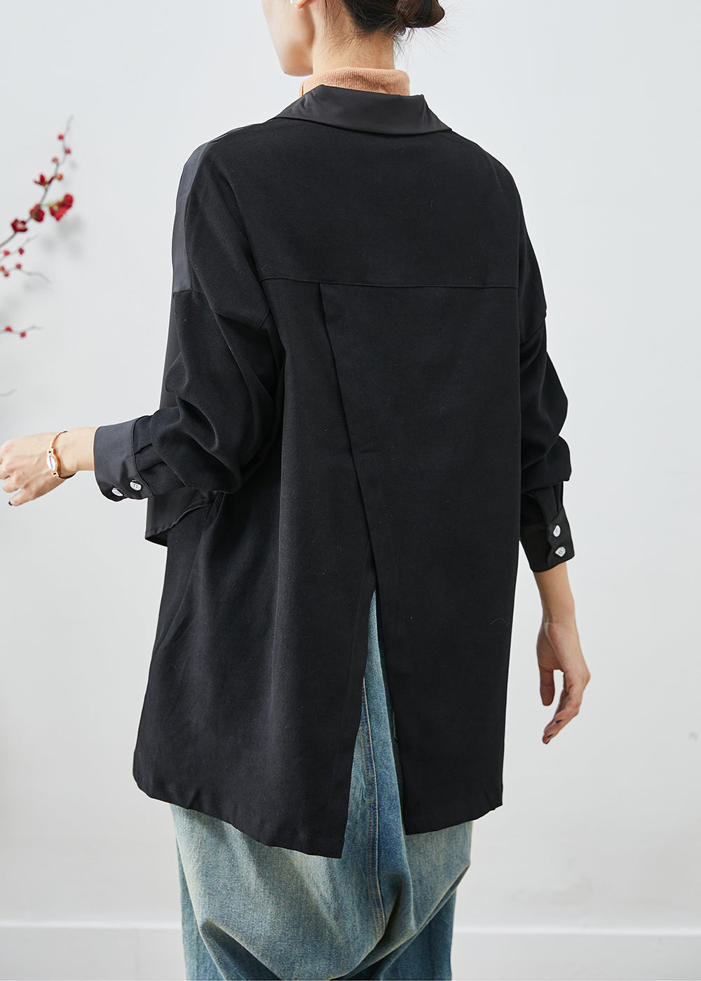 Black Asymmetrical Patchwork Back Open Cotton Jackets Fall