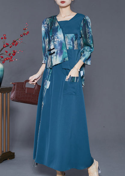 Navy Asymmetrical Patchwork Silk Oriental Dresses Two Piece Set Spring