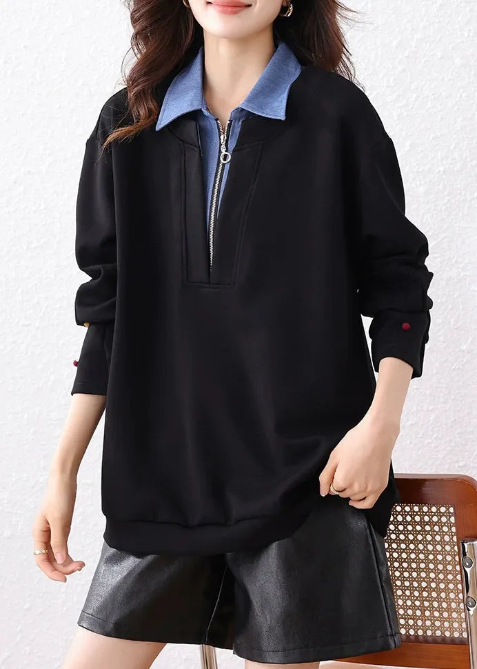 Loose Black Peter Pan Collar Zip Up Patchwork Cotton Sweatshirt Fall