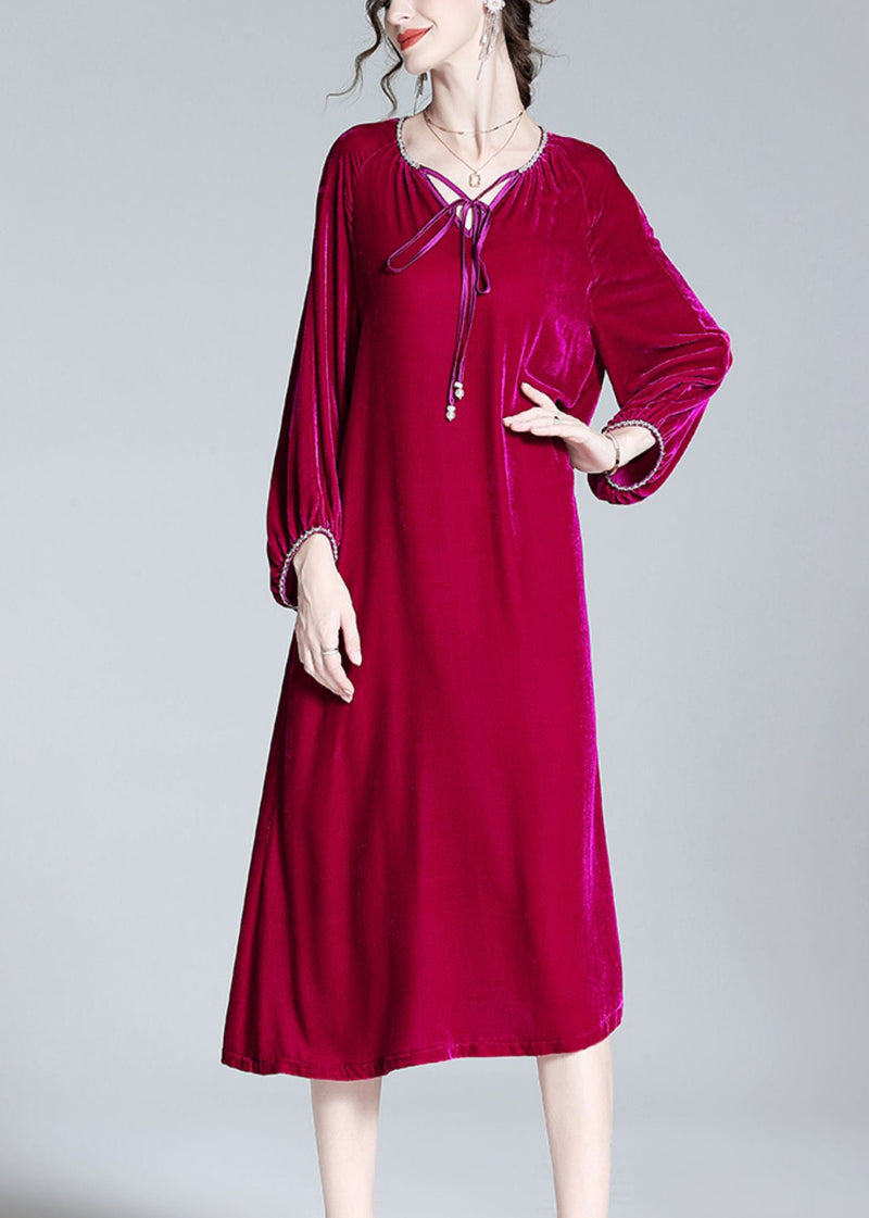Handmade Red V Neck Neck Tie Velour Maxi Dress Spring