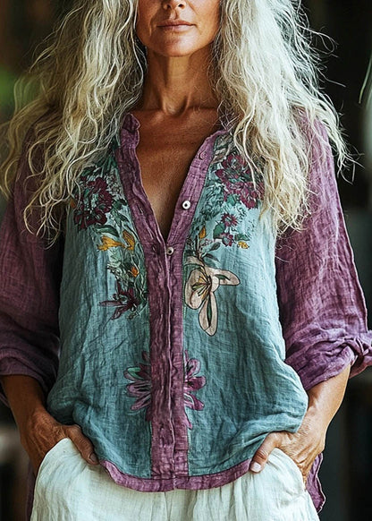 Loose Purple O-neck Print Button Cotton Shirt Spring