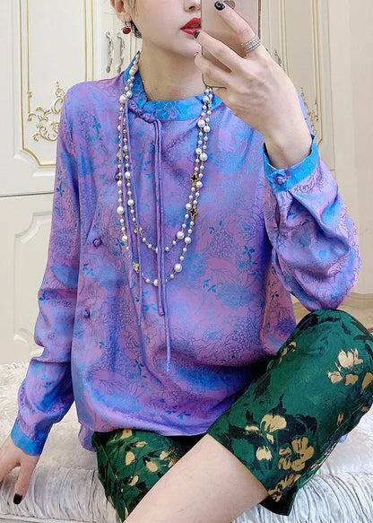 Purple Mandarin Collar Print Button Silk Shirt Top Spring