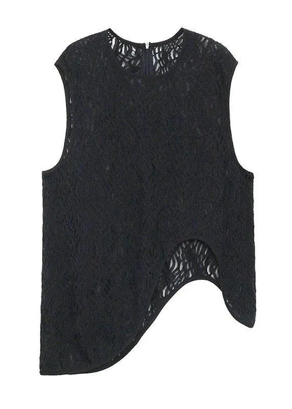 Loose Black Hollow Out Asymmetrical Design Sleeveless Tanks Summer