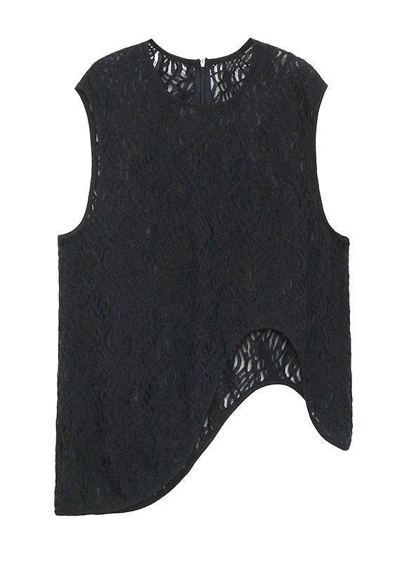 Loose Black Hollow Out Asymmetrical Design Sleeveless Tanks Summer