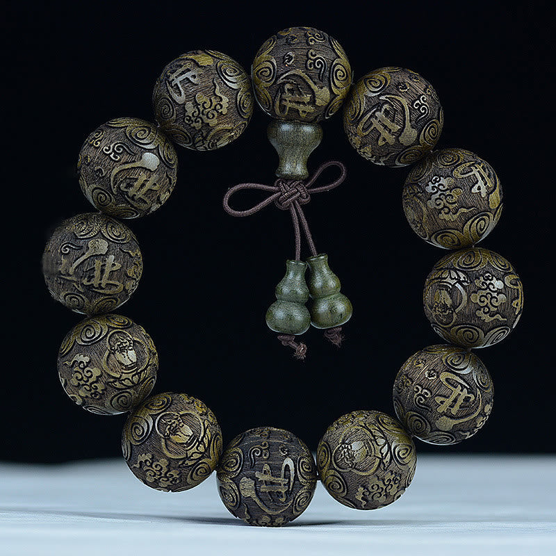 Buddha Stones Chinese Zodiac Rosewood Ebony Copper Coin Pixiu Carved Warmth Bracelet