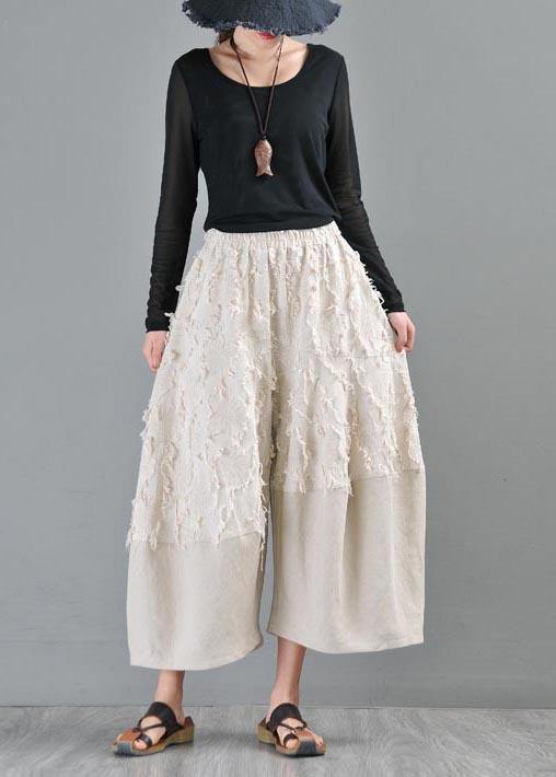 Natural Beige Patchwork Asymmetrical Design Cotton Linen Wide Leg Summer Pants
