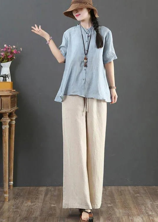 Style Blue Half Sleeve Linen Shirt Tops Summer
