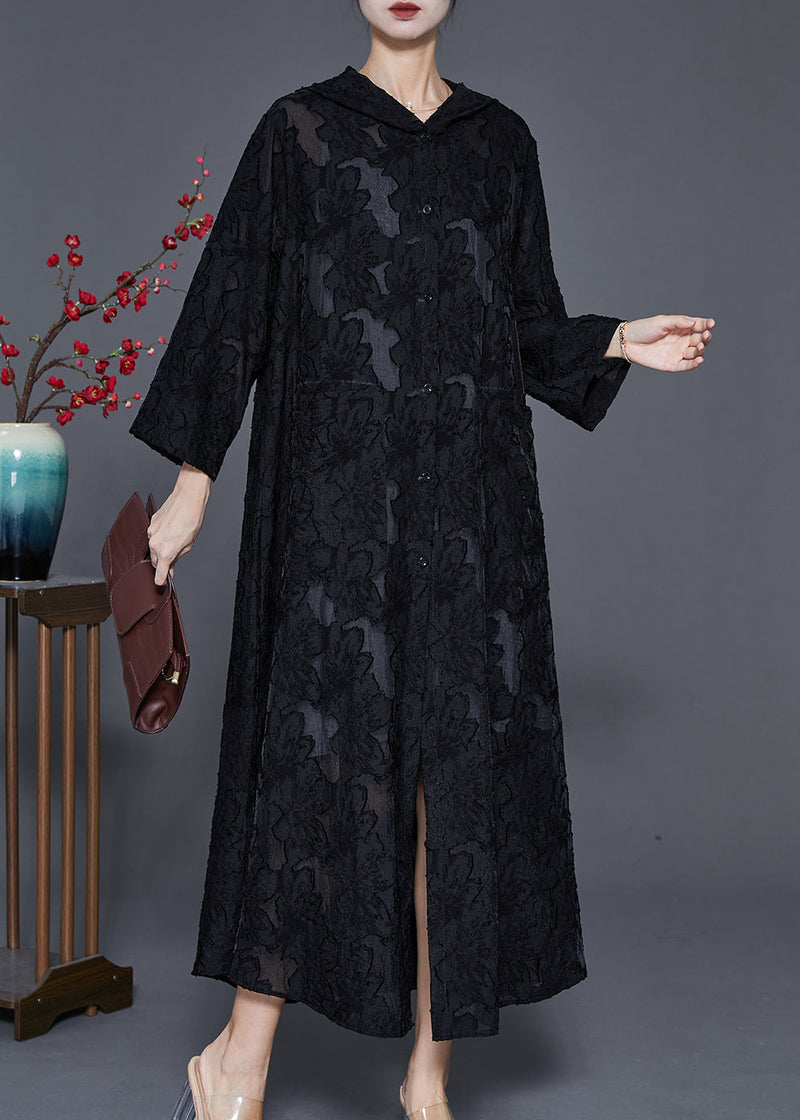 Black Hooded Jacquard Lace Robe Dresses Spring