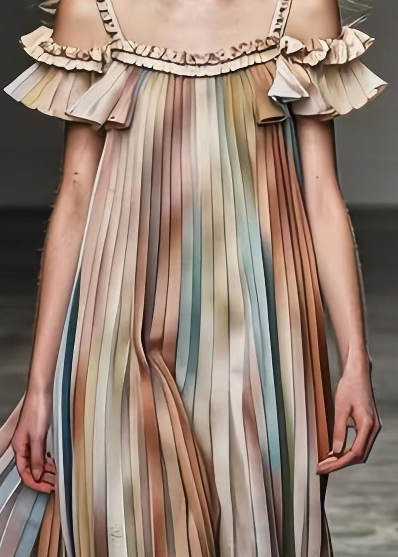 Khaki Cold Shoulder Tie Dye Chiffon Pleated Dress Summer