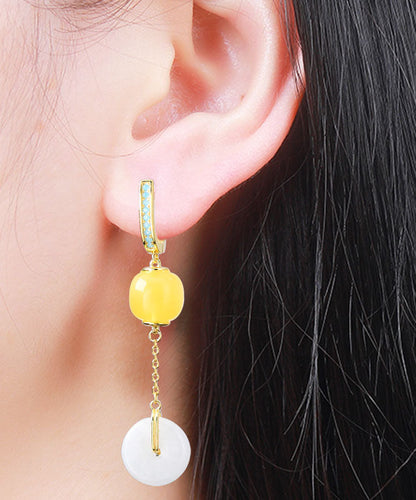 Yellow Sterling Silver Overgild Jade Beeswax Drop Earrings