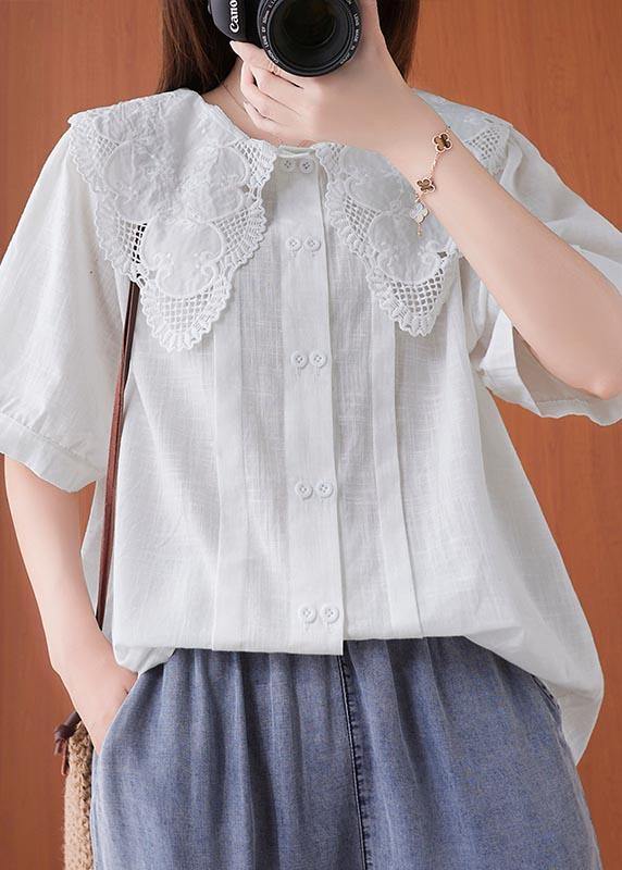 White Peter Pan Collar Button Cotton Linen Tops Summer