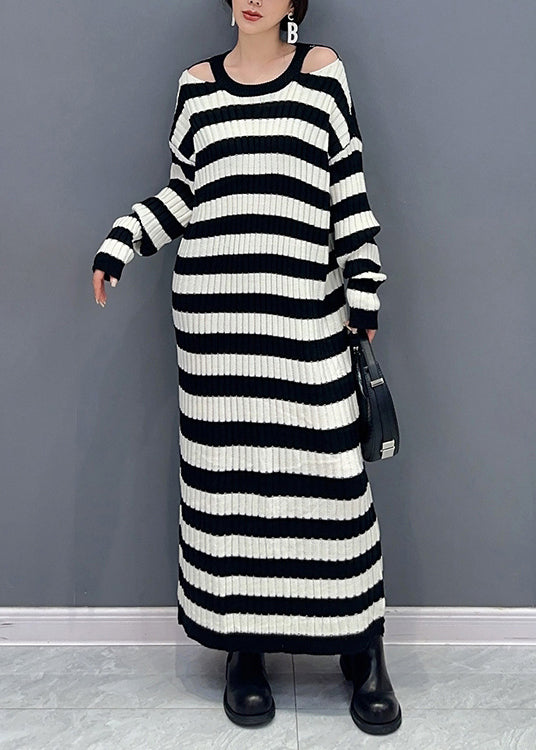 Black Striped Side Open Patchwork Knit Cardigan Fall