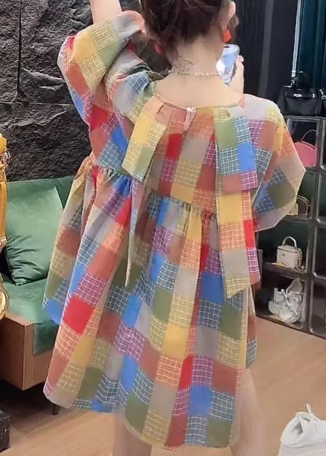 French O Neck Plaid Button Cotton Blouse Fall