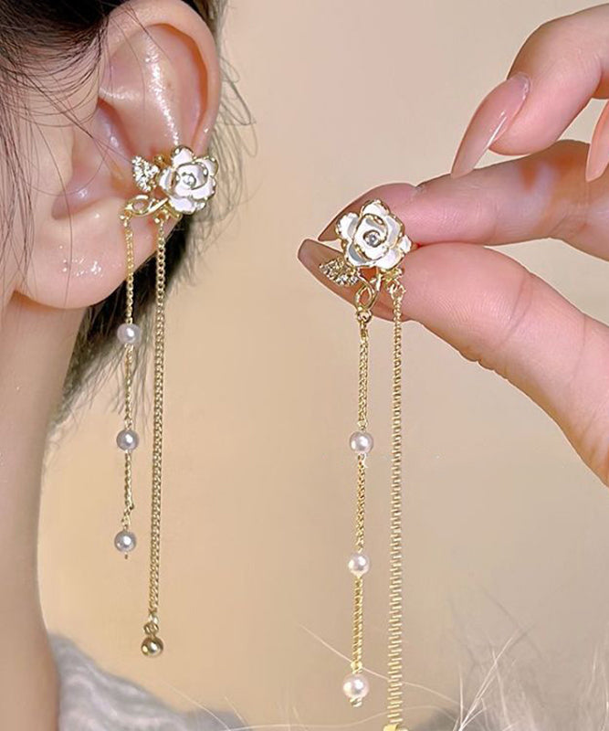 Stylish Gold Copper Overgild Pearl Chain Tassel Drop Earrings